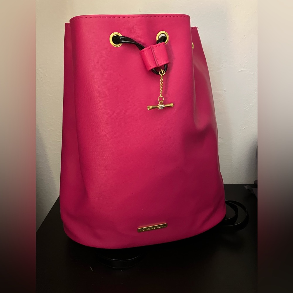 Juicy Couture Fuchia & Black Faux Leather Bucket Drawstring Backpack